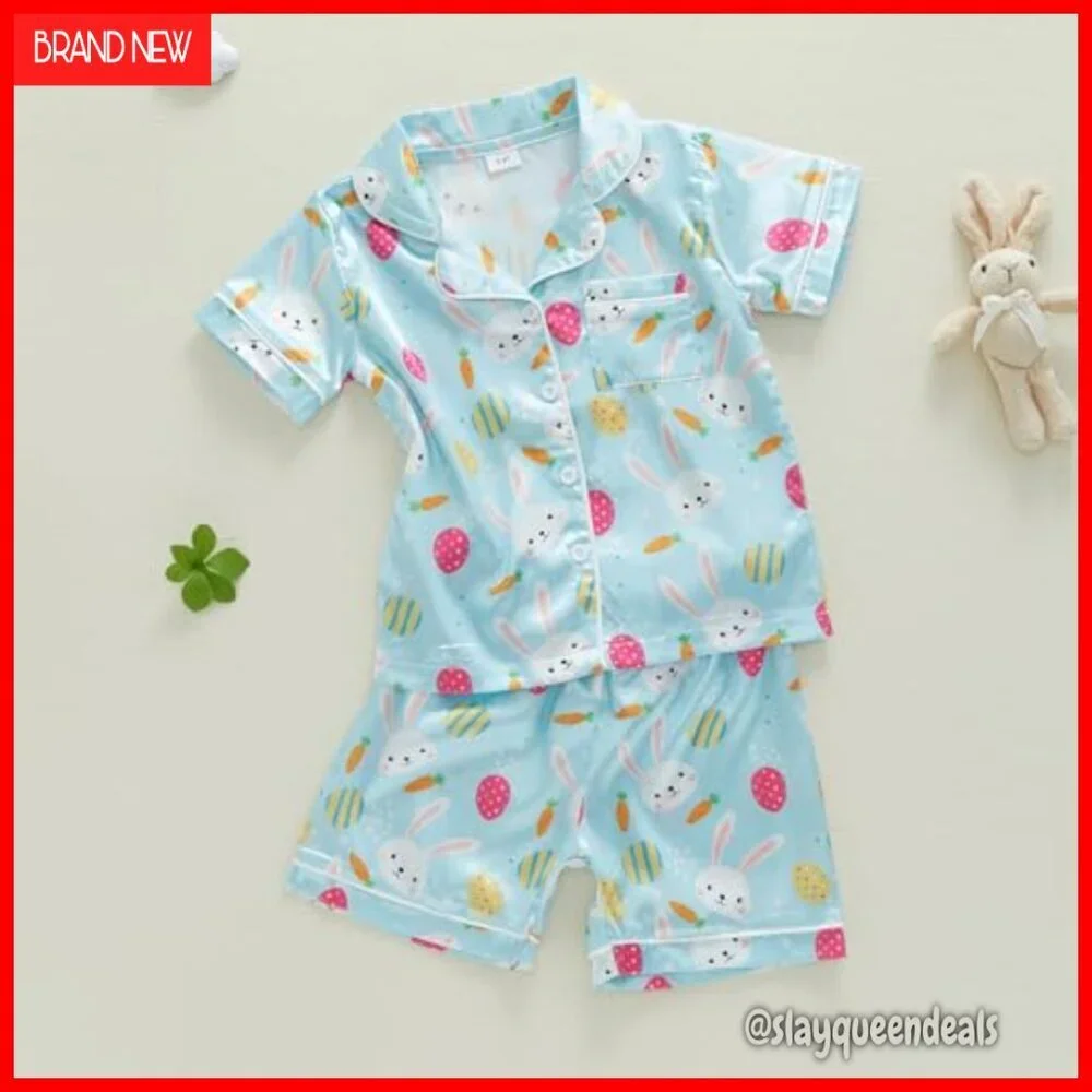Toddler Easter Bunny Silk Pajama Set Short Sleeve Button Shirt Lounge Shorts